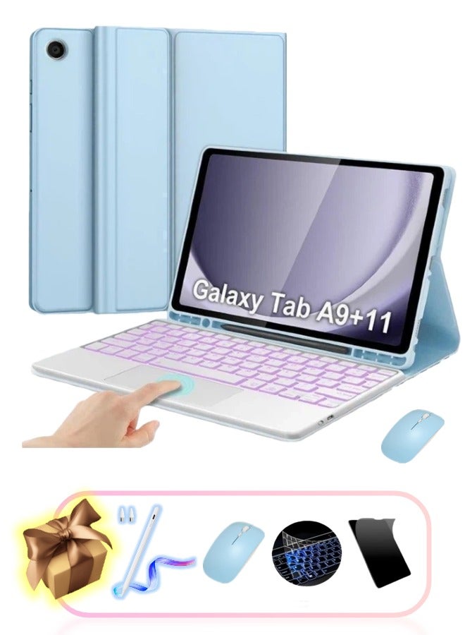 غطاء لوحة مفاتيح لسامسونج جالاكسي A9 بلس (2025)، لوحة مفاتيح قابلة للفصل بإضاءة خلفية متعددة الألوان، غطاء مقاوم للبقع، غطاء لوحة مفاتيح محمول خفيف الوزن مزود بحامل ثلاثي، حامل للقلم، مع فأرة بلوتوث، واقي شاشة، قلم ستايلس، وغطاء لوحة مفاتيح، باللون الأزرق - Image 1